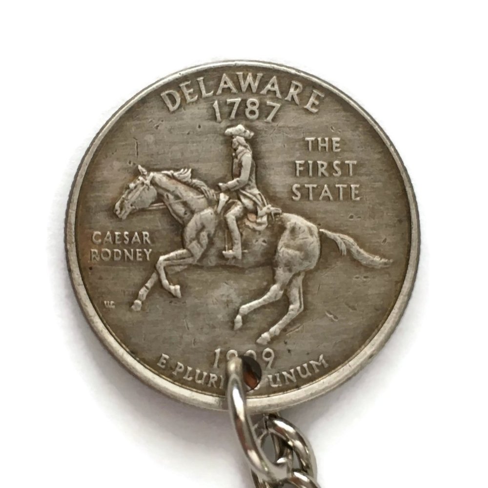 Delaware State Quarter Keychain Coin Money Upcycled Unisex Stainless Steel - Picture 1 of 3